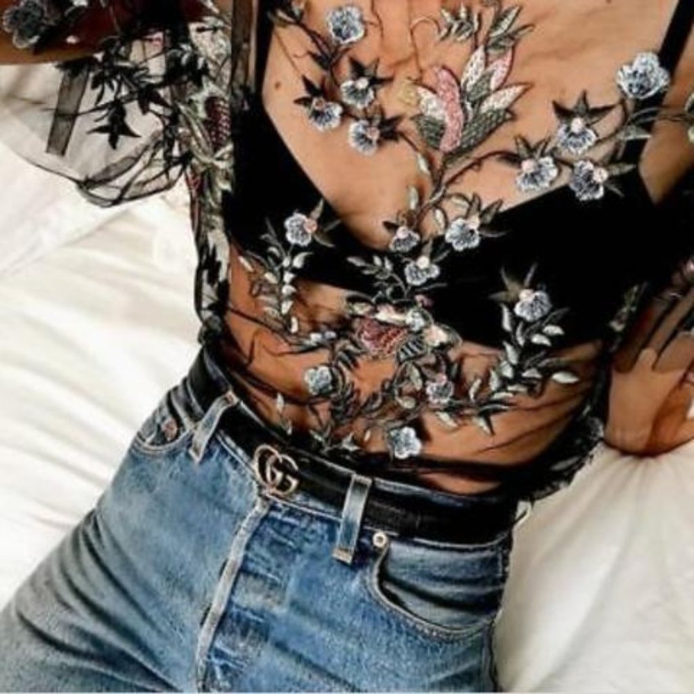 Zara Black Tulle Floral Embroidered Blouse